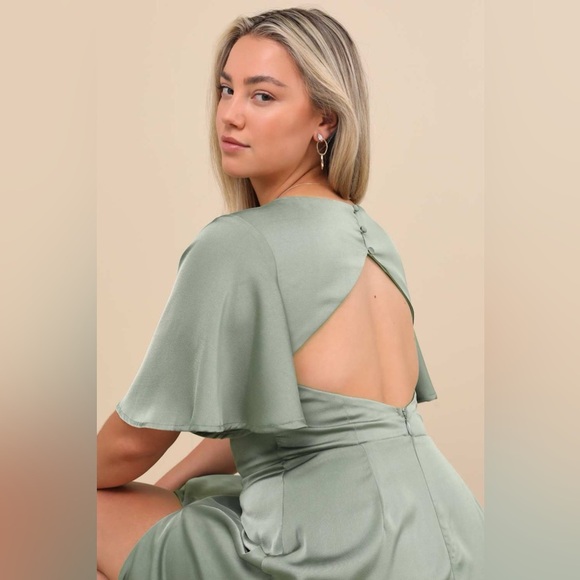 LULU’S Elegant Confidence Sage Satin Flutter Sleeve Cutout Maxi Dress - Picture 7 of 9